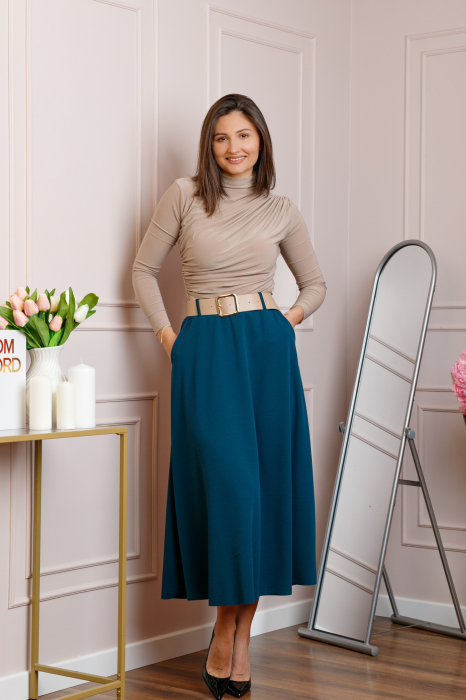 Fusta midi turcoaz eleganta cu talie inalta si curea reglabila Ivy [4]