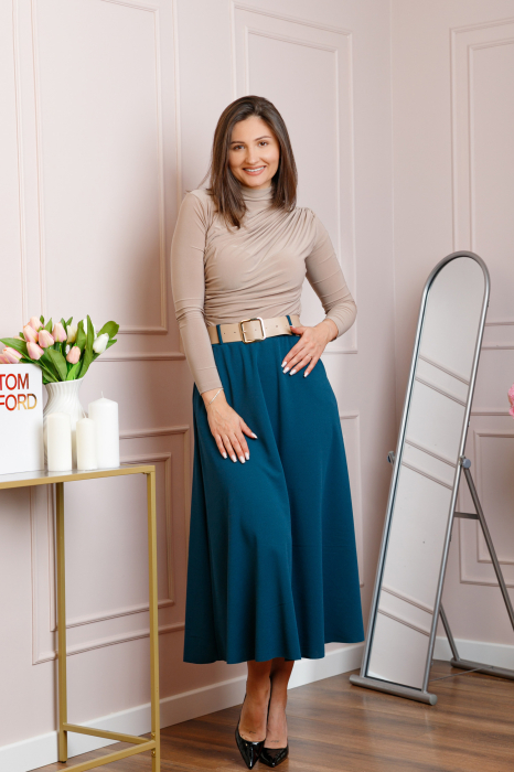 Fusta midi turcoaz eleganta cu talie inalta si curea reglabila Ivy [2]