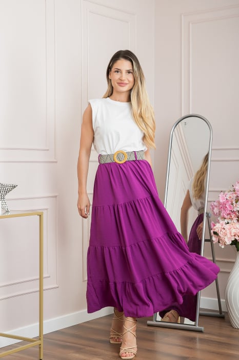 Fusta magenta boho chic cu volane si curea in talie