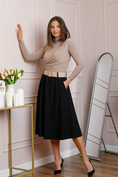 Fusta neagra midi cu talie inalta, curea si buzunare laterale Isla [3]