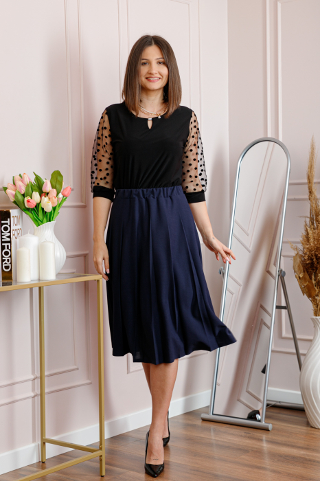 Fusta office plisata bleumarin cu pliuri largi 02 [3]