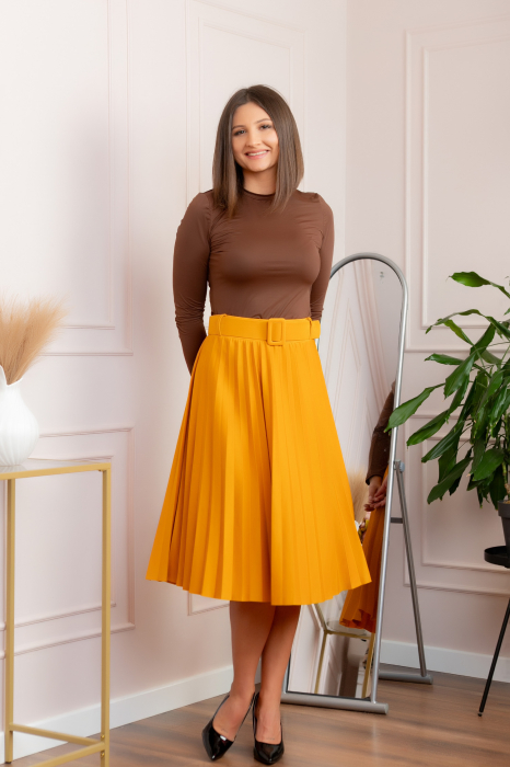 Fusta office plisata Ruby cu centura in talie - Galben mustar [4]