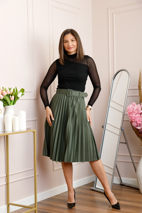 Fusta office plisata Ruby cu centura in talie - Verde olive