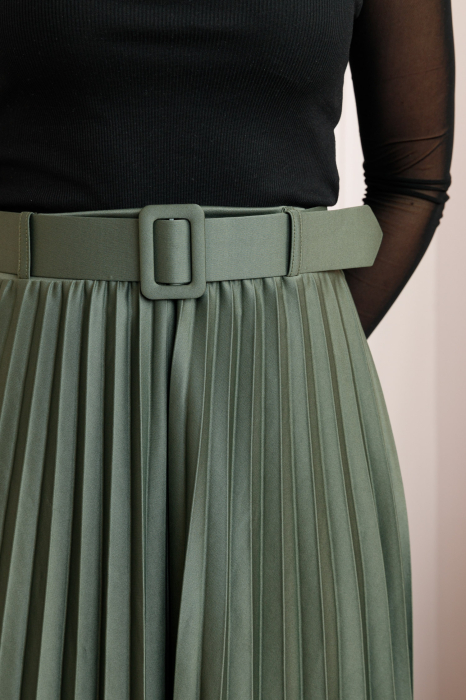 Fusta office plisata Ruby cu centura in talie - Verde olive [2]