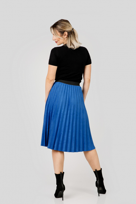 Fusta plisata albastru regal din piele intoarsa sintetica cu elastic in talie [3]