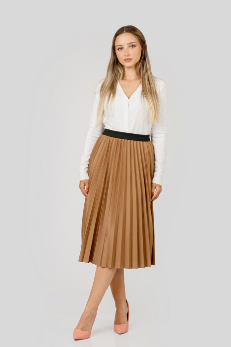Fusta plisata camel din piele intoarsa sintetica cu elastic in talie [5]