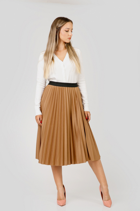 Fusta plisata camel din piele intoarsa sintetica cu elastic in talie [3]