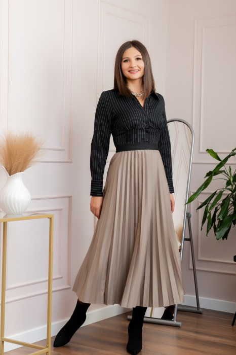 Fusta plisata eleganta Jacqueline cu elastic in talie - Bej [3]