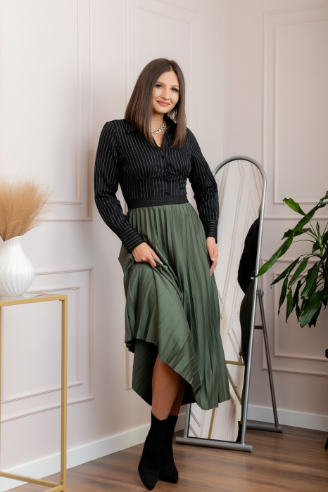 Fusta plisata eleganta Jacqueline cu elastic in talie - Kaki [2]