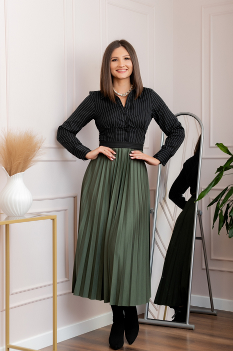 Fusta plisata eleganta Jacqueline cu elastic in talie - Kaki