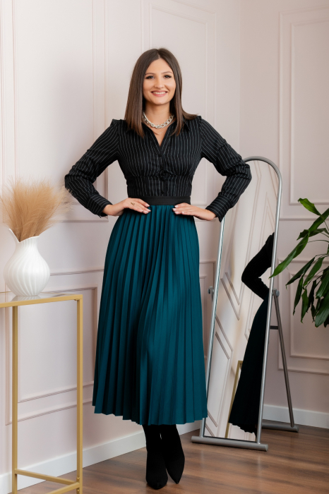 Fusta plisata eleganta Jacqueline cu elastic in talie - Turcoaz