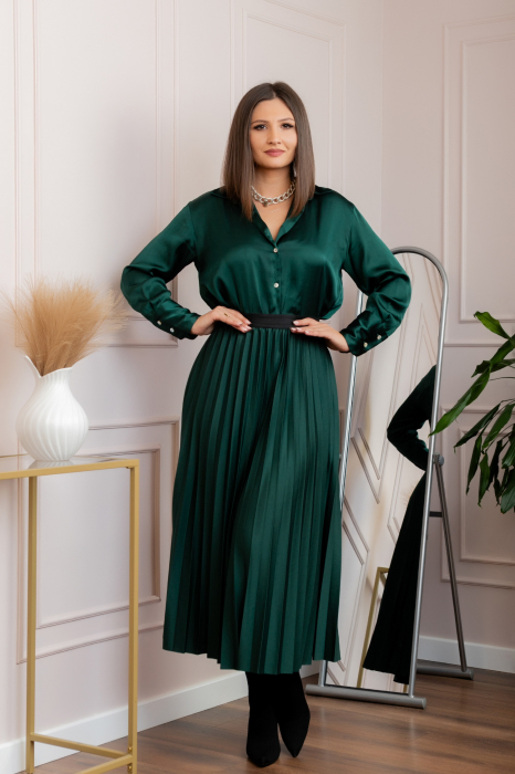 Fusta plisata eleganta Jacqueline cu elastic in talie - Verde petrol