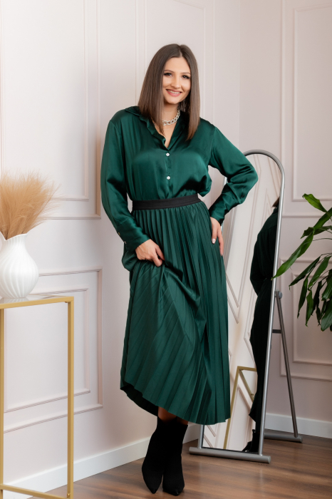 Fusta plisata eleganta Jacqueline cu elastic in talie - Verde petrol [2]