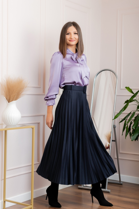 Fusta plisata eleganta Nova cu centura in talie - Bleumarin [3]