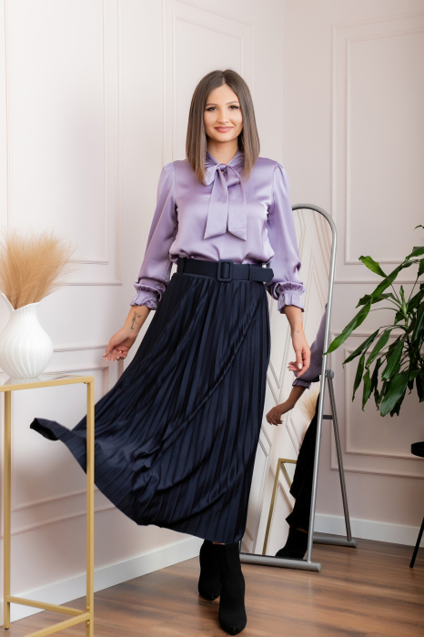 Fusta plisata eleganta Nova cu centura in talie - Bleumarin [4]