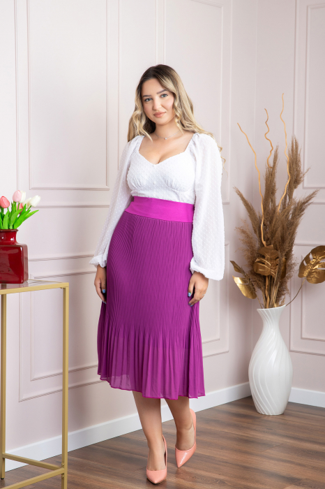 Fusta plisata fuchsia din voal cu elastic in talie [4]