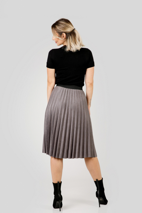 Fusta plisata gri din piele intoarsa sintetica cu elastic in talie [3]