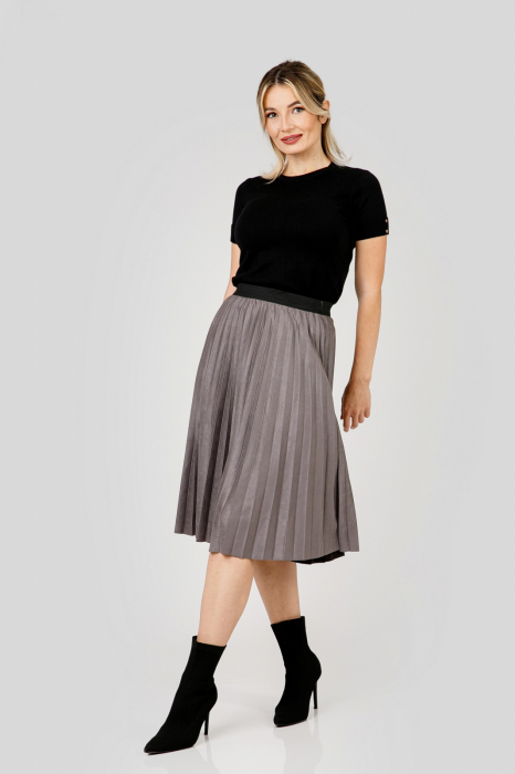 Fusta plisata gri din piele intoarsa sintetica cu elastic in talie [4]