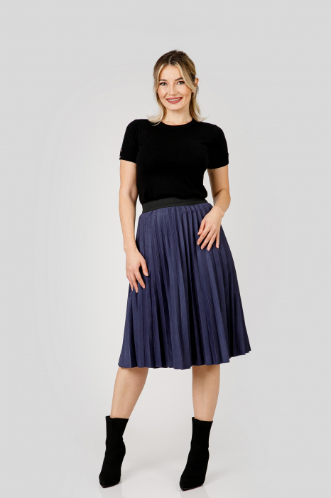 Fusta plisata indigo din piele intoarsa sintetica cu elastic in talie [4]