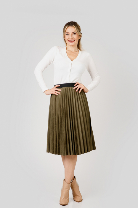 Fusta plisata kaki din piele intoarsa sintetica cu elastic in talie [4]