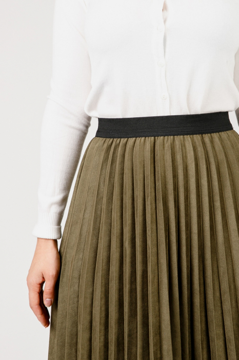Fusta plisata kaki din piele intoarsa sintetica cu elastic in talie [2]