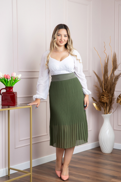 Fusta plisata kaki din voal cu elastic in talie [4]