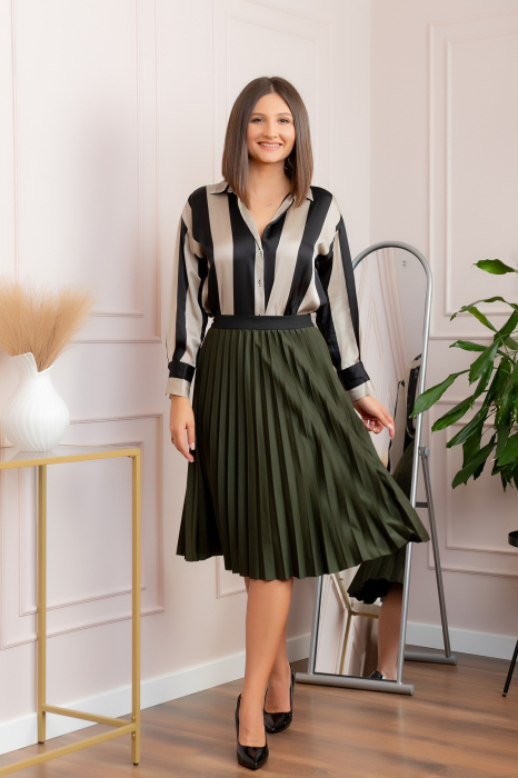 Fusta plisata Luna cu elastic in talie - Kaki [3]