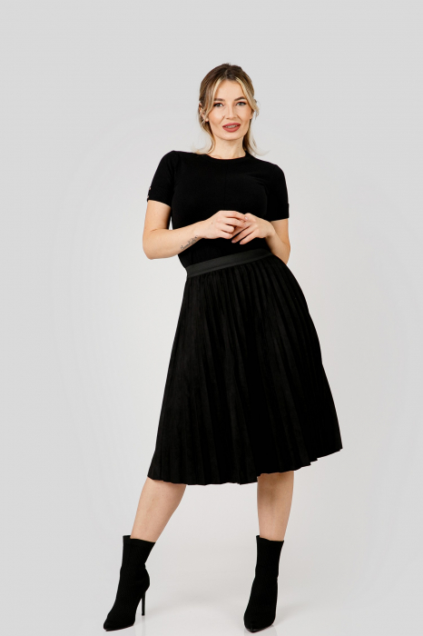 Fusta plisata neagra din piele intoarsa sintetica cu elastic in talie [4]