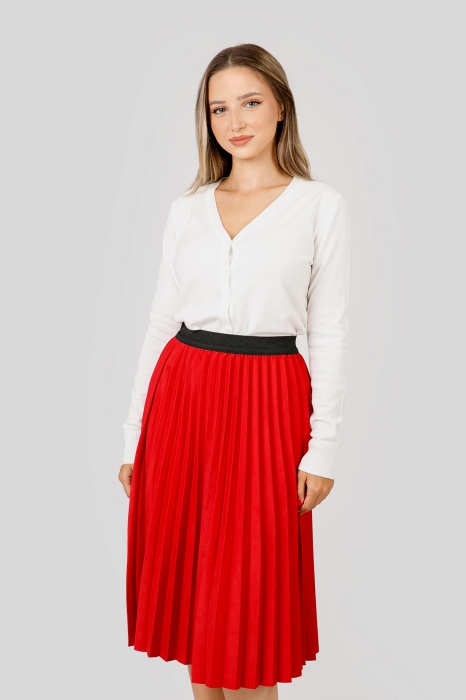 Fusta plisata rosie din piele intoarsa sintetica cu elastic in talie [3]