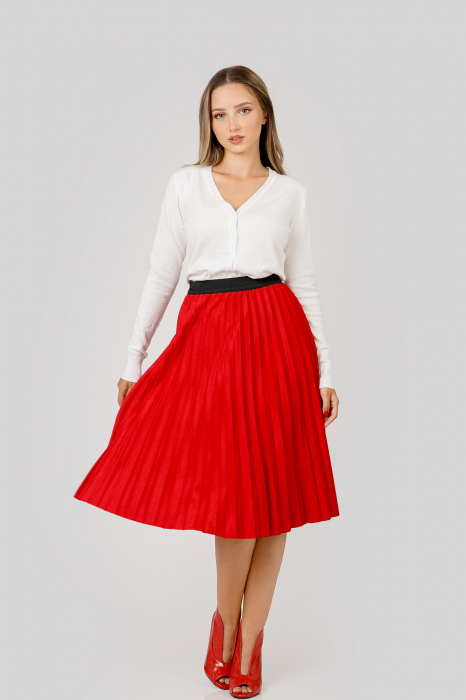 Fusta plisata rosie din piele intoarsa sintetica cu elastic in talie [5]