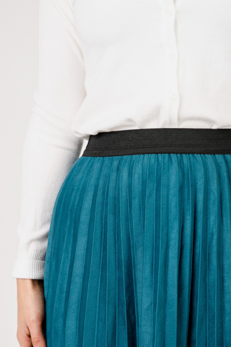 Fusta plisata turcoaz din piele intoarsa sintetica cu elastic in talie [2]