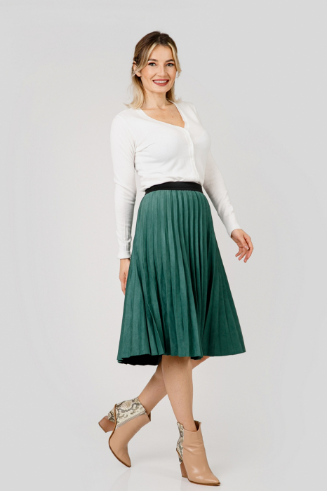 Fusta plisata verde din piele intoarsa sintetica cu elastic in talie [4]