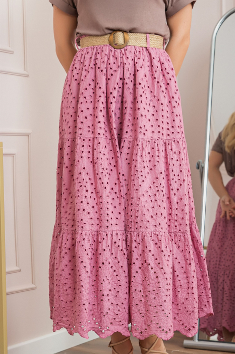 Fusta roz boho chic cu perforatii si curea in talie [2]