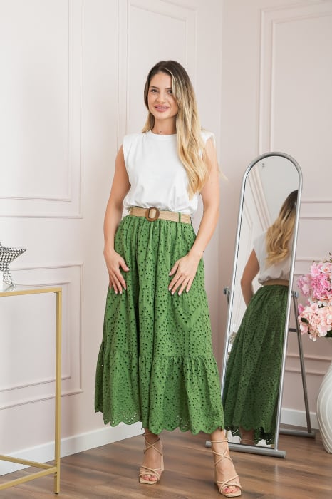 Fusta verde boho chic cu perforatii si curea in talie [4]