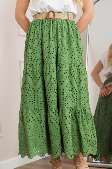 Fusta verde boho chic cu perforatii si curea in talie [2]