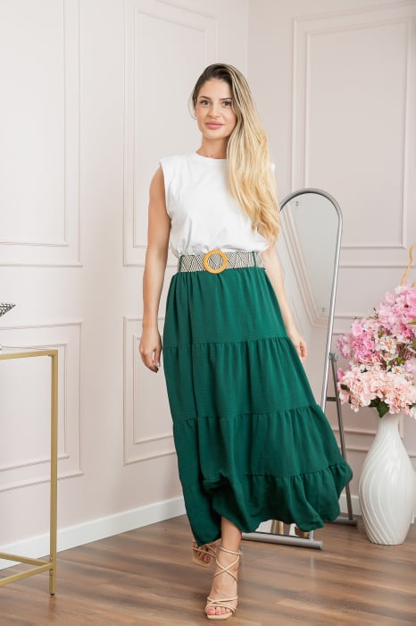 Fusta verde boho chic cu volane si curea in talie