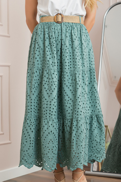 Fusta verde mint boho chic cu perforatii si curea in talie [2]