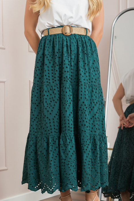 Fusta verde petrol boho chic cu perforatii si curea in talie [2]