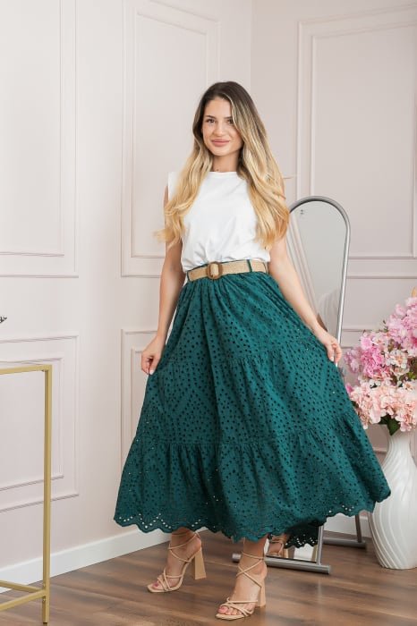 Fusta verde petrol boho chic cu perforatii si curea in talie