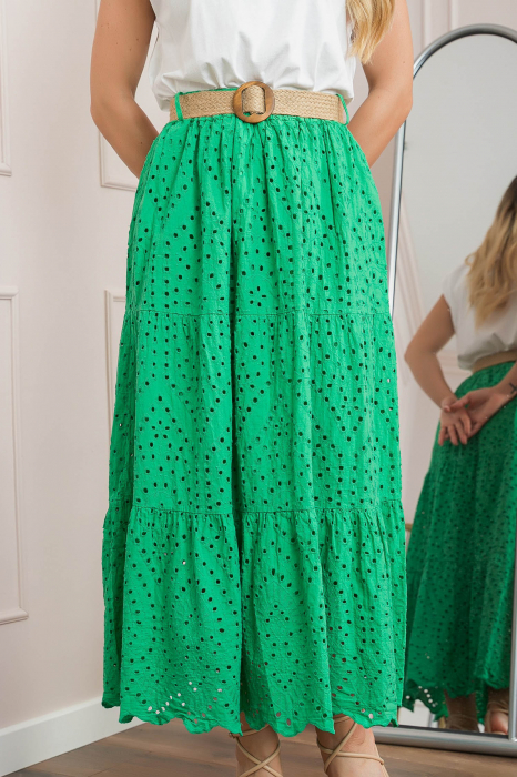 Fusta verde smarald boho chic cu perforatii si curea in talie [2]