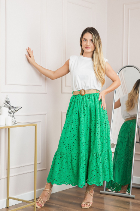 Fusta verde smarald boho chic cu perforatii si curea in talie [4]
