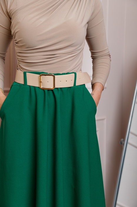 Fusta verde smarald midi cu talie inalta, curea si buzunare laterale Isla [2]
