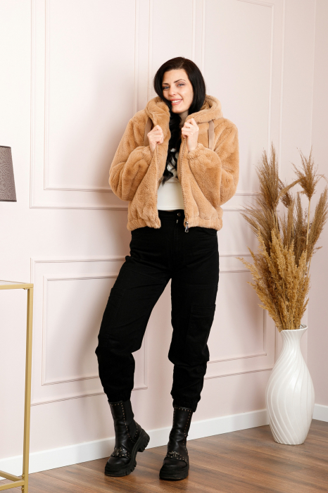 Geaca din blanita sintetica Ariana cu gluga si fermoar - Camel [4]