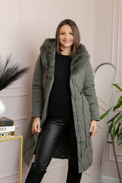 Geaca lunga eleganta matlasata din fas Kimberly cu gluga imblanita - Kaki [4]