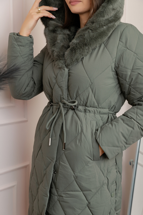 Geaca lunga eleganta matlasata din fas Kimberly cu gluga imblanita - Kaki [2]