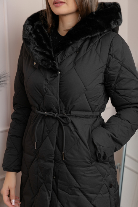 Geaca lunga eleganta matlasata din fas Kimberly cu gluga imblanita - Negru [2]