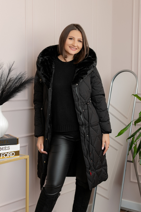 Geaca lunga eleganta matlasata din fas Kimberly cu gluga imblanita - Negru [4]