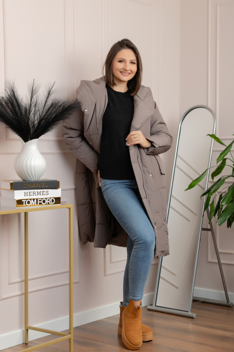 Geaca lunga matlasata din fas Kathy cu cordon in talie - Gri [4]