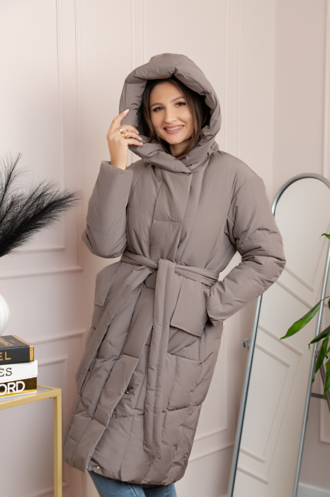Geaca lunga matlasata din fas Kathy cu cordon in talie - Gri [3]