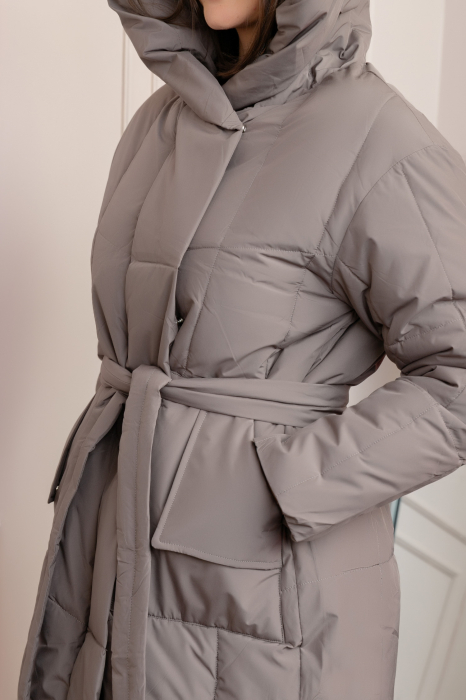 Geaca lunga matlasata din fas Kathy cu cordon in talie - Gri [2]